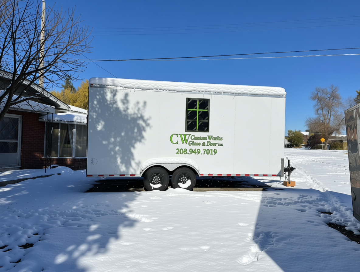 CW Custom Works emergency glass repair service trailer in Idaho winter - available 24/7 for broken window repair in Boise